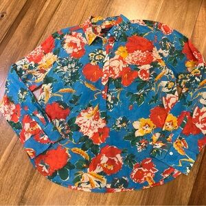 J.Crew Classic Floral Popover Blouse Sz 14 Preppy Vacation Cotton Cherry Bright